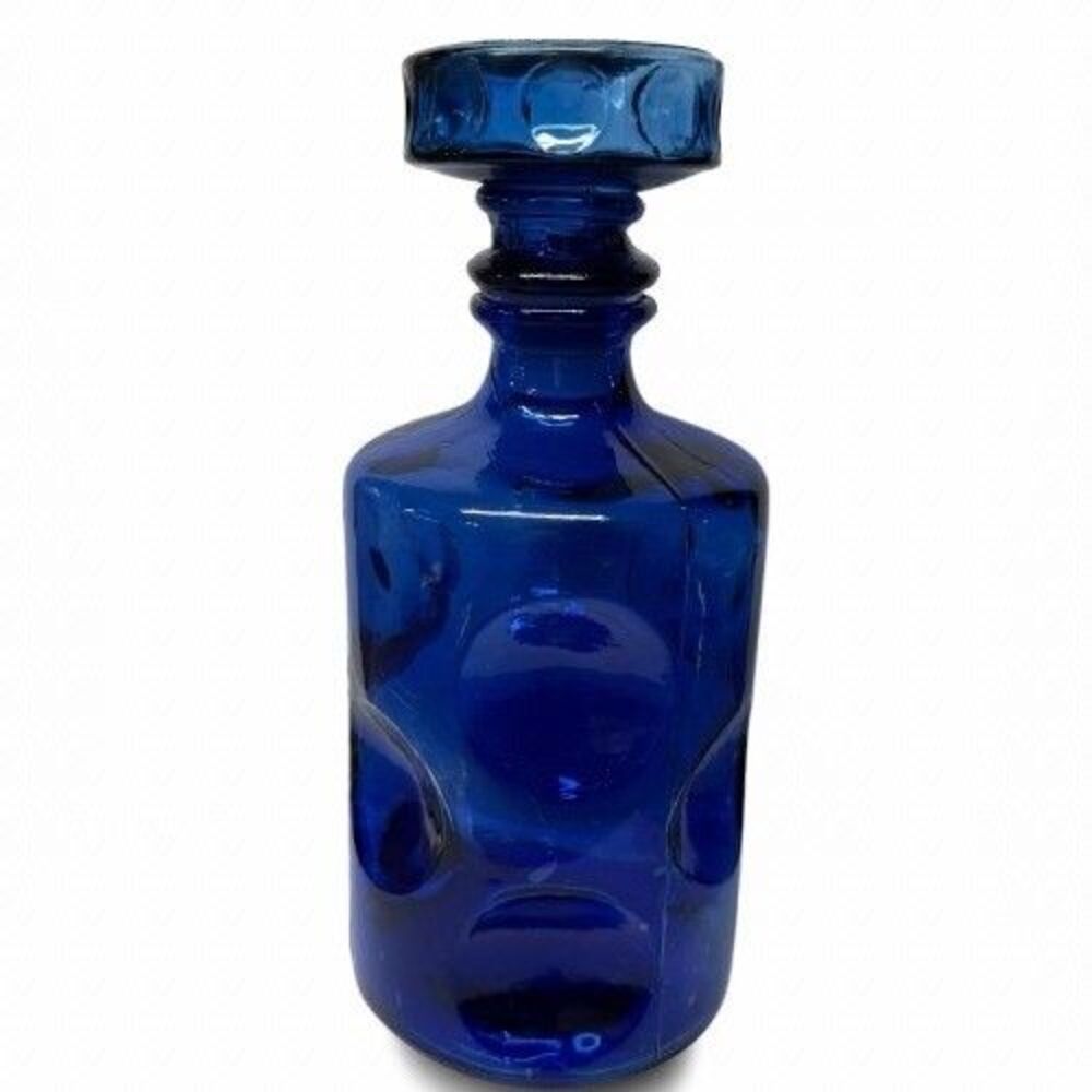 Vintage Cobalt Blue Glass Decanter Bottle Original Stopper Thumbprint Taiwan